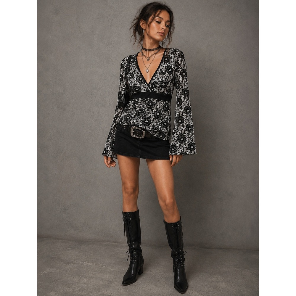 Body Central Floral Lace Top Y2K Grunge Whimsigoth Black White Polyester Medium